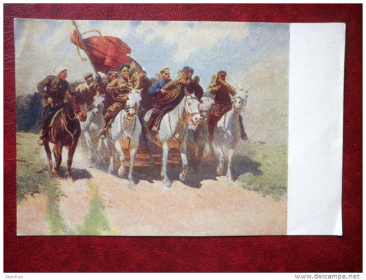 painting by M. B. Grekov - First Cavalry trumpeters - horse - trumpet - red flag - russian art - unused - JH Postcards