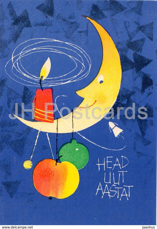 New Year greeting card by L. Harm - Moon - Candle - Apple - 1967 - Estonia USSR - used - JH Postcards