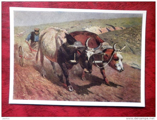 Painting by M. B. Grekov - Plowing Oxen, 1920 - russian art - unused - JH Postcards