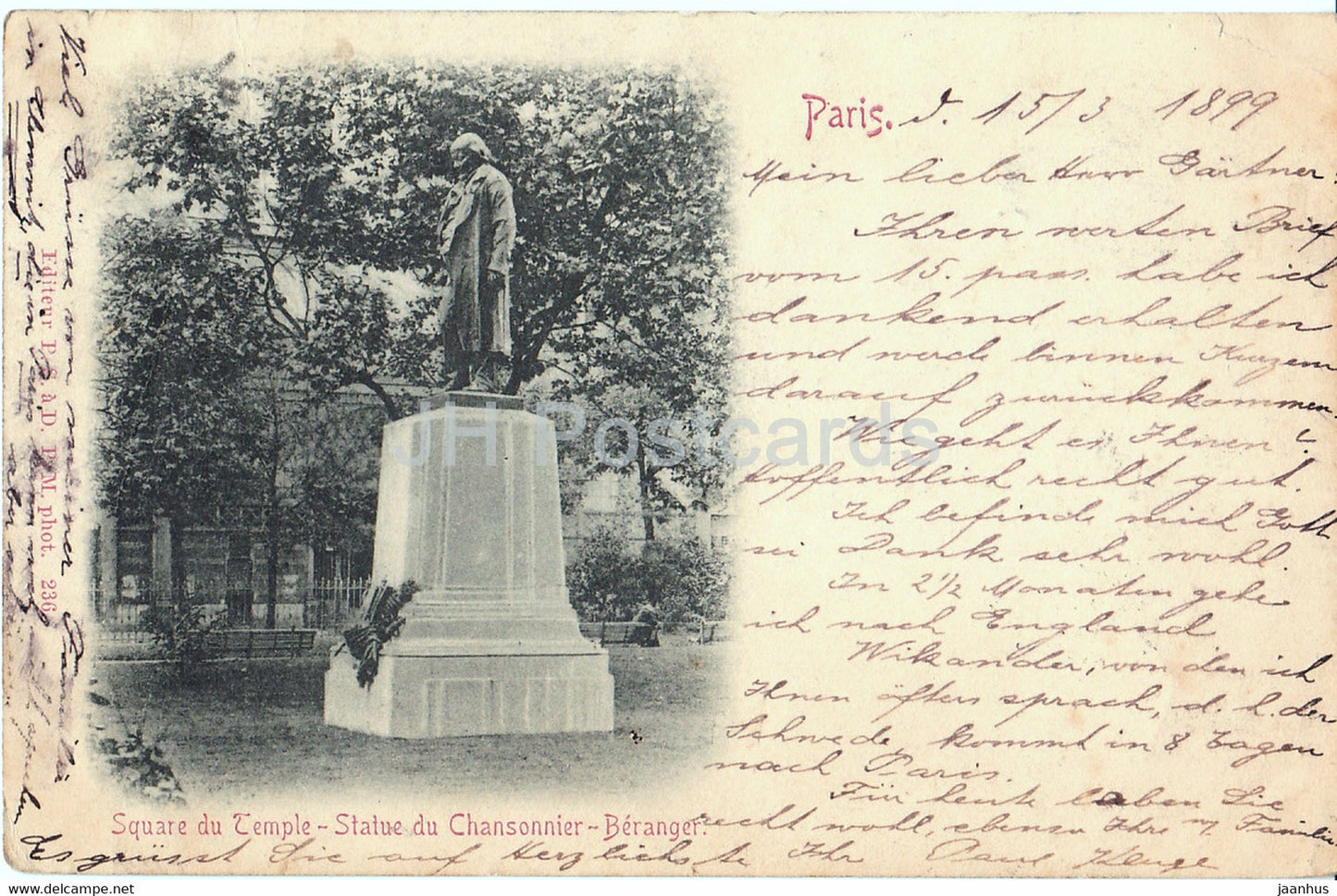 Paris - Square du Temple - Statue du Chansonnier Beranger - nachzusenden nach - old postcard - 1899 - France - used - JH Postcards