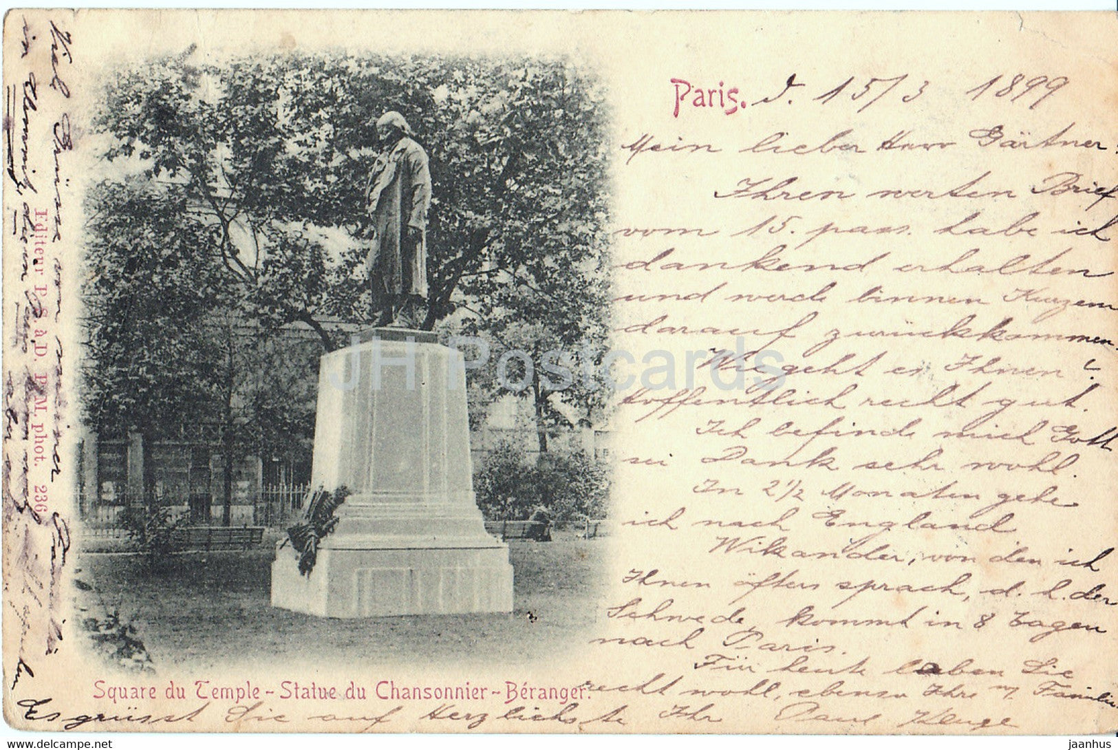 Paris - Square du Temple - Statue du Chansonnier Beranger - nachzusenden nach - old postcard - 1899 - France - used - JH Postcards