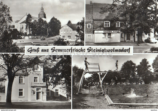 Gruss aus Sommerfrische Steinigtwolmsdorf - Teilansicht - Konsum Gaststatte Waldhaus - Schwimmbad - Germany DDR - unused - JH Postcards
