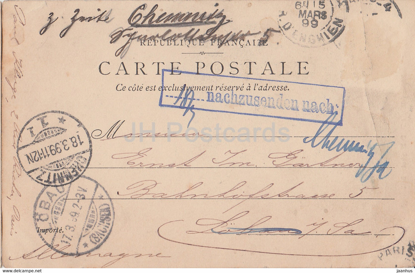 Paris - Square du Temple - Statue du Chansonnier Beranger - nachzusenden nach - alte Postkarte - 1899 - Frankreich - gebraucht