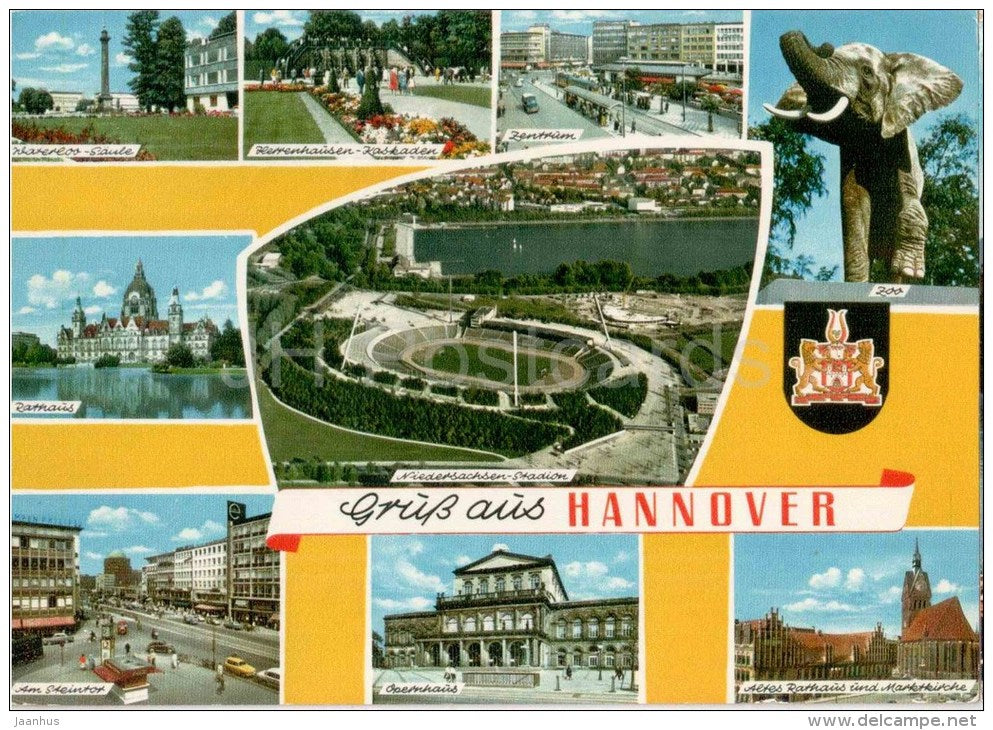 Gruss aus Hannover - Waterloo-Säule - Niedersachsen-Stadion - Zoo -Rathaus - stadium - Germany - 1981 gelaufen - JH Postcards