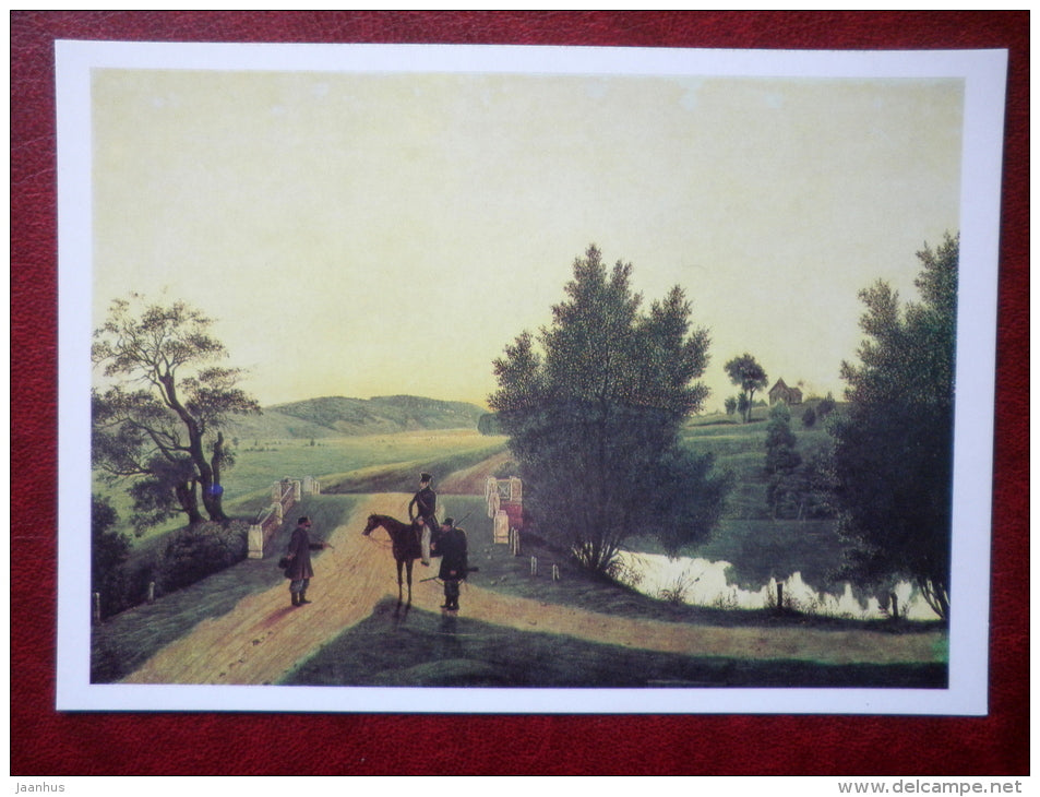 painting by Ignaty Stepanovich Shchedrovsky , Landscape with Hunters - horse - russian art - unused - JH Postcards