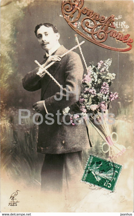 New Year Greeting Card - Bonne Annee - man - 7525 - old postcard - France - used - JH Postcards