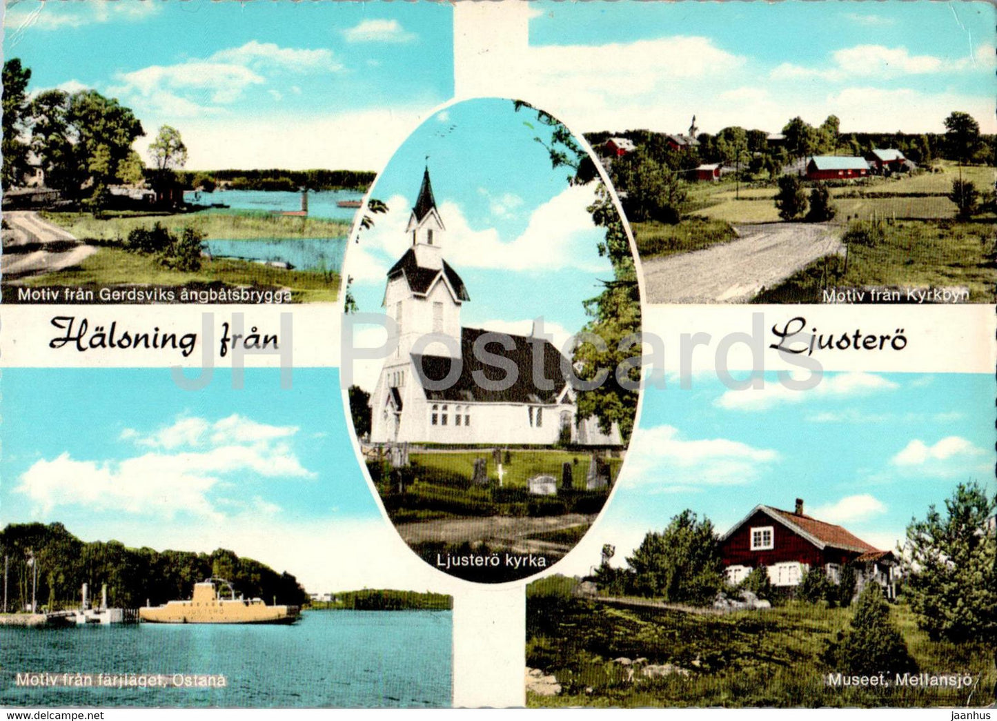 Halsning fran Ljustero - Gerdsvik - Ostana - Kyrkbyn - Mellansjo - multiview - 176 - 1973 - Sweden - used - JH Postcards