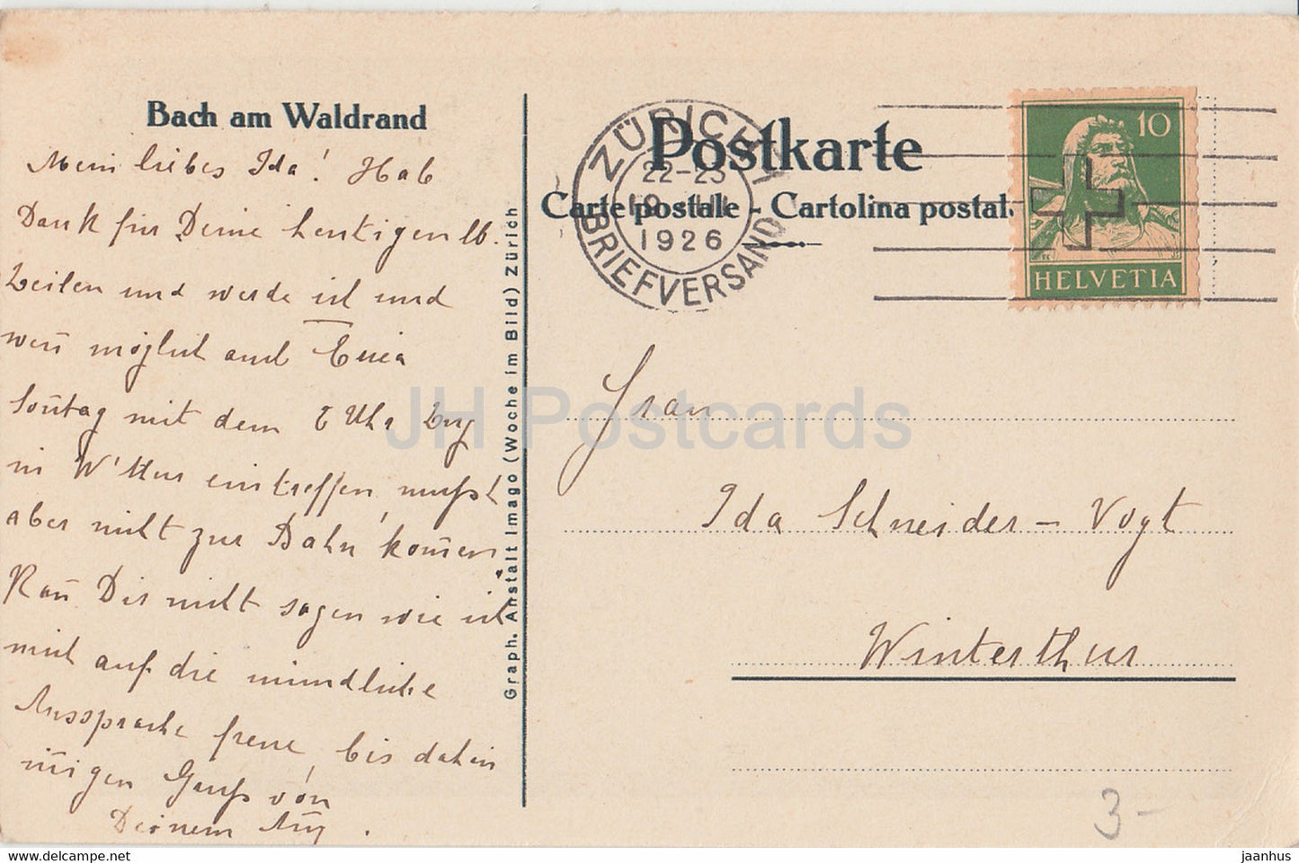 Bach am Waldrand - alte Postkarte - Schweiz - 1926 - gebraucht