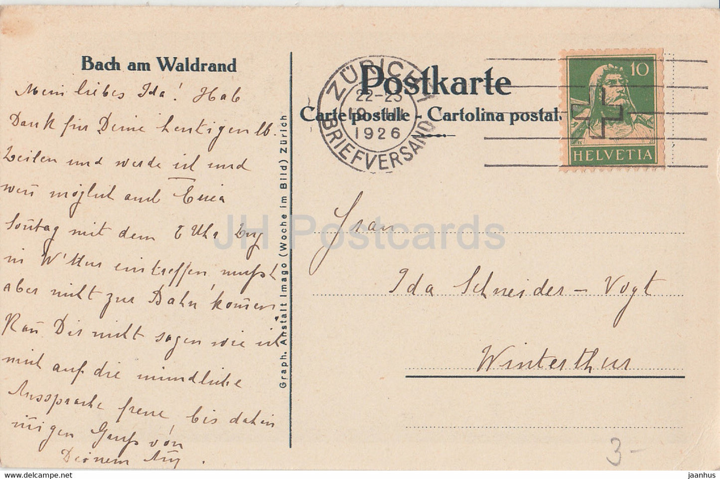 Bach am Waldrand - carte postale ancienne - Suisse - 1926 - utilisé