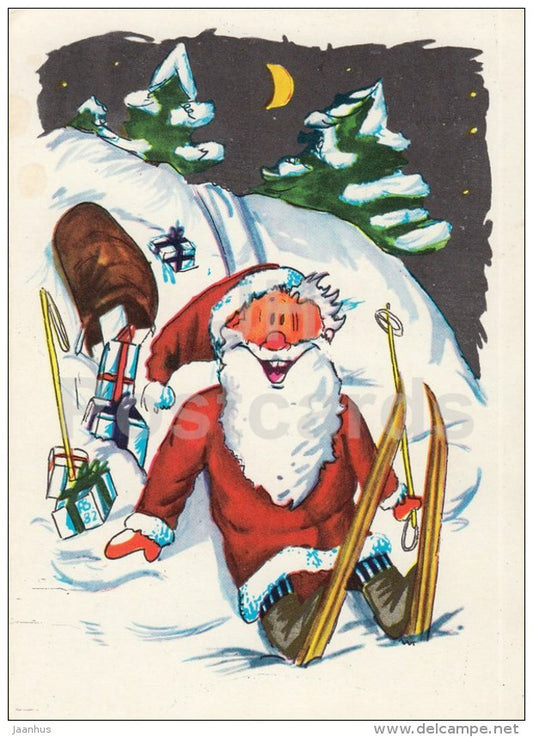 New Year Greeting Card by A. Boltovski - 2 - Santa Claus - gifts - skiing - 1983 - Estonia USSR - used - JH Postcards