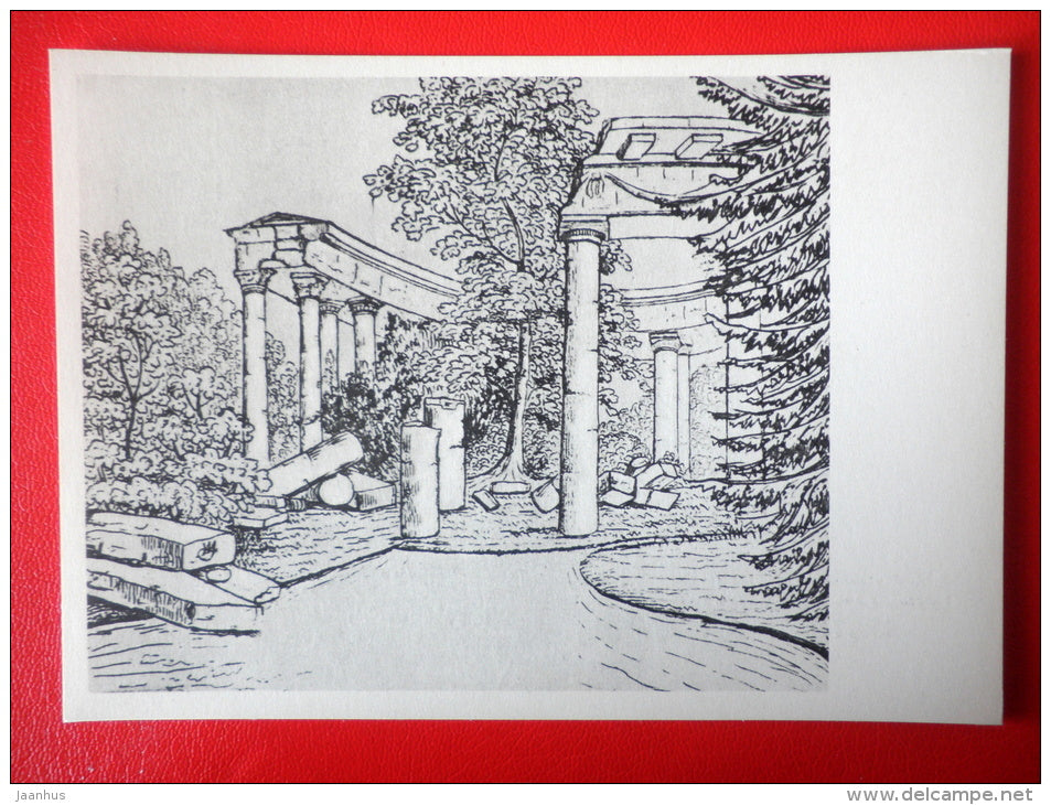 drawing by writer V. Zhukovsky . Ruins of Apollo in Pavlovsk - Drawings by Russian Writers - 1961 - Russia USSR - unused - JH Postcards