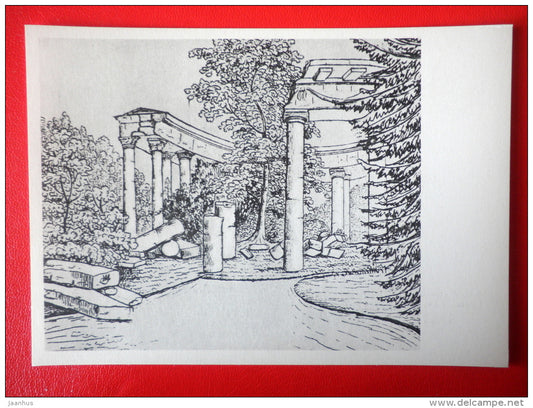 drawing by writer V. Zhukovsky . Ruins of Apollo in Pavlovsk - Drawings by Russian Writers - 1961 - Russia USSR - unused - JH Postcards