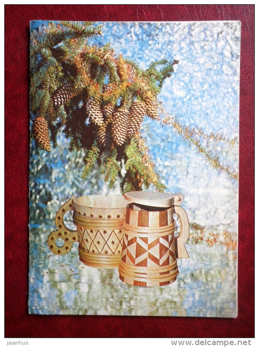 New Year Greeting card - beer mugs - fir cones - 1980 - Estonia USSR - used - JH Postcards