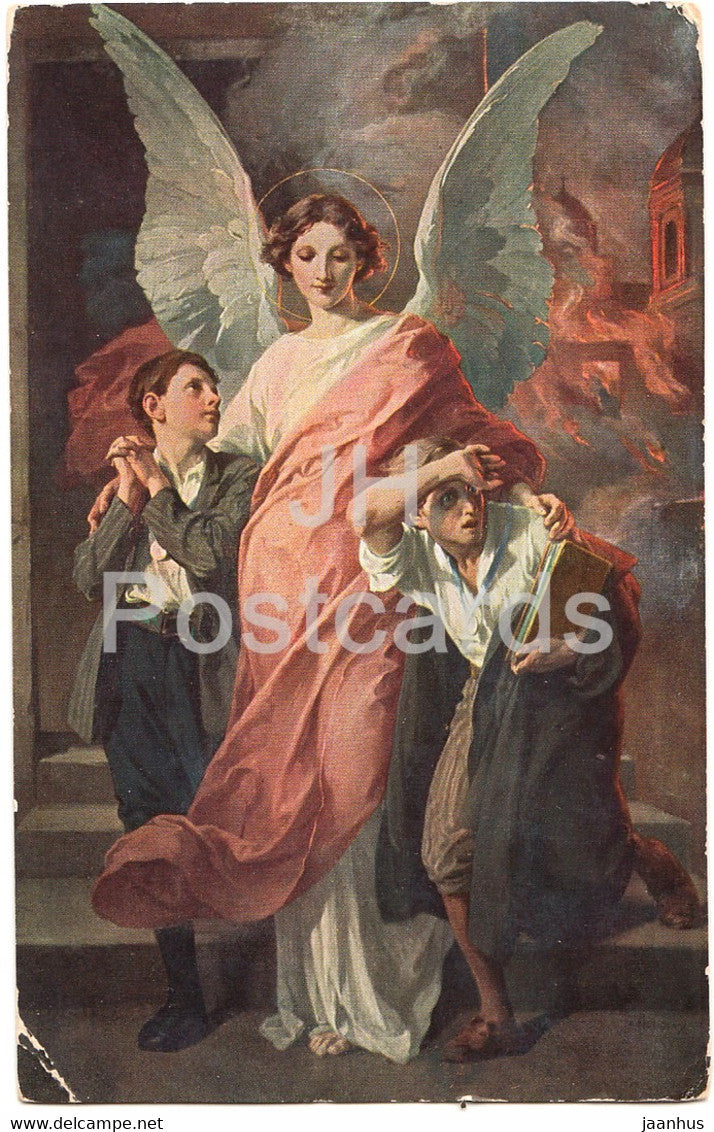 Der hl Schutzengel - Altarbild in der Kollegiumskirche zu Schwyz - Feuerstein - art - old postcard - 1944 - used - JH Postcards