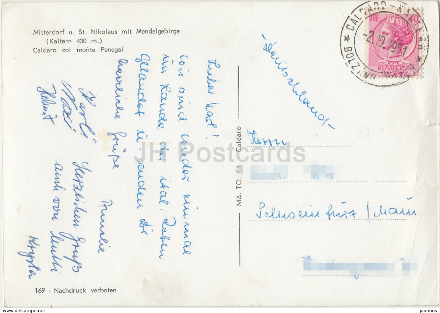 Mitterdorf u. St. Nikolaus mit Mendelgebirge - Kaltern 430 m - Caldaro del monte Penegal - 169 - Austria - 1961 - used