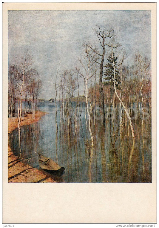 painting by I. Levitan - Spring - Flood , 1897 - boat - Russian art - 1980 - Russia USSR - unused - JH Postcards