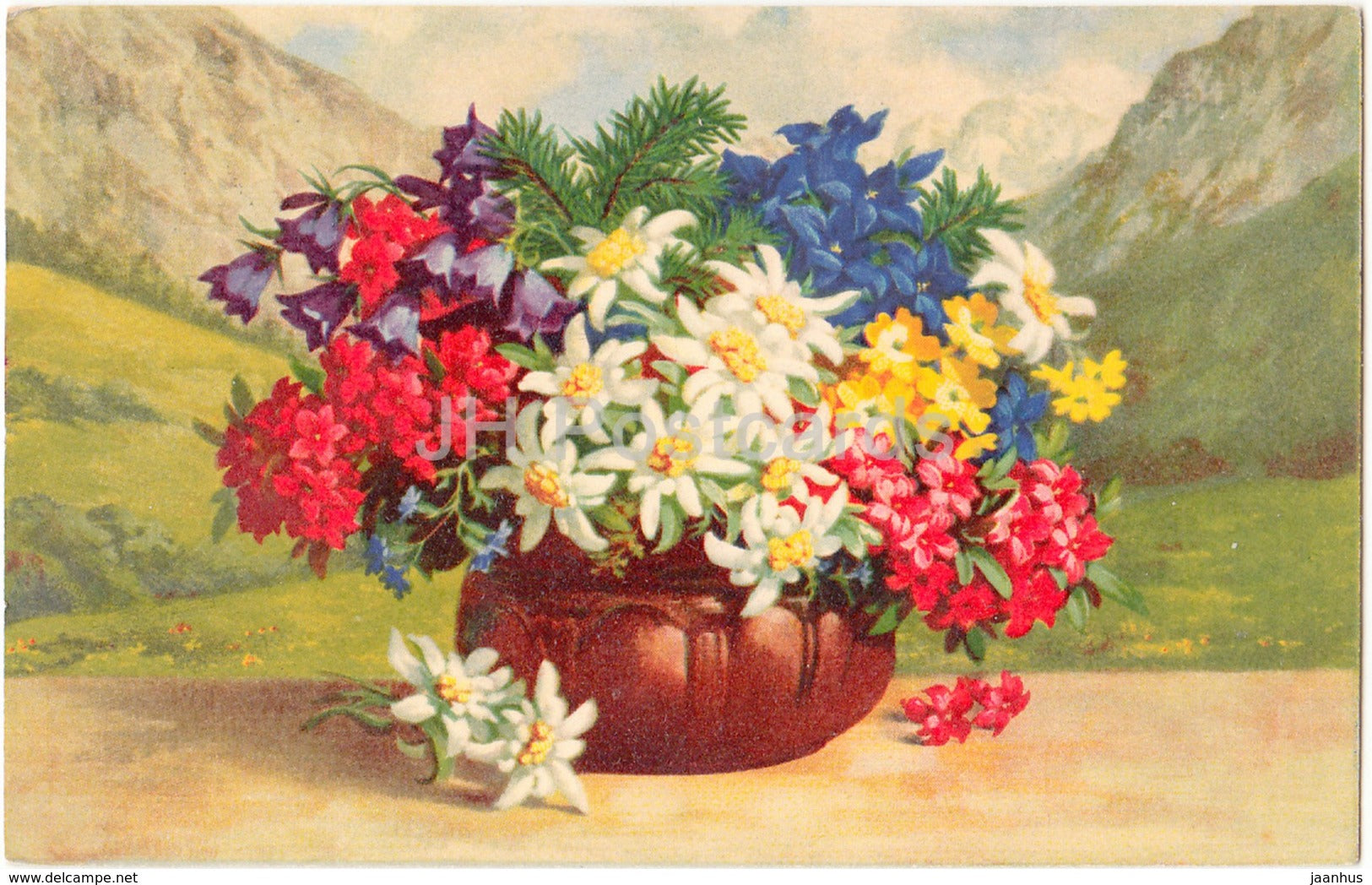 Flowers in the Vase - illustration - Switzerland - 1938 - used - JH Postcards