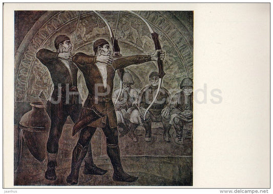 painting by Boldyrev - Mountain Archers , 1970 - bow - Russian art - Russia USSR - 1976 - unused - JH Postcards