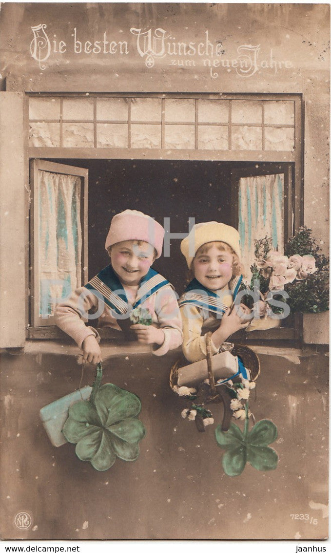 New Year Greeting Card - Die Besten Wunsche zum neuen Jahre - chldren NPG 7233/6 - old postcard - 1921 - Germany - used - JH Postcards