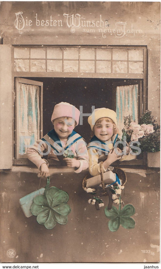 New Year Greeting Card - Die Besten Wunsche zum neuen Jahre - chldren NPG 7233/6 - old postcard - 1921 - Germany - used - JH Postcards