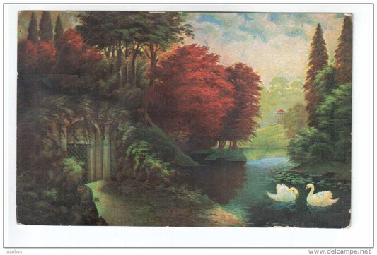 illustration - nture - swan - trees - pavilion - Amag 1167 - old postcard - circulated in Estonia 1931 Rakvere - used - JH Postcards