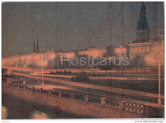 Komsomol Embankment - 2 - Riga by Night - old postcard - Latvia USSR - unused - JH Postcards