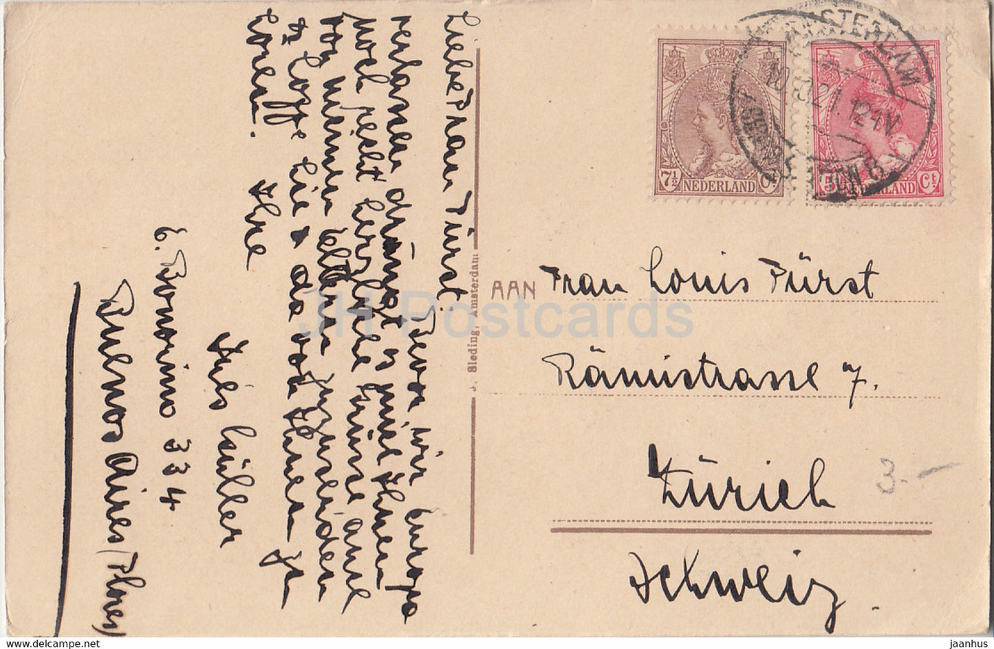 Amsterdam - Singel - bateau - carte postale ancienne - 1921 - Pays-Bas - utilisé