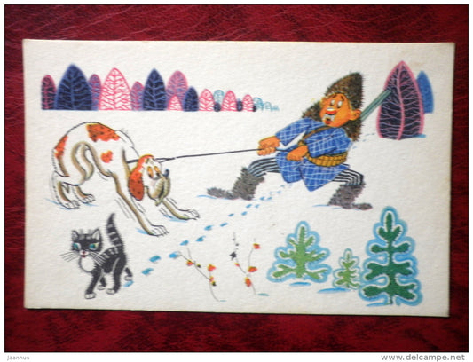 funny hunters and anglers by Orlov, Schwarz  - superstitious dog - hunter - cat - humour - 1968 - Russia - USSR - unused - JH Postcards