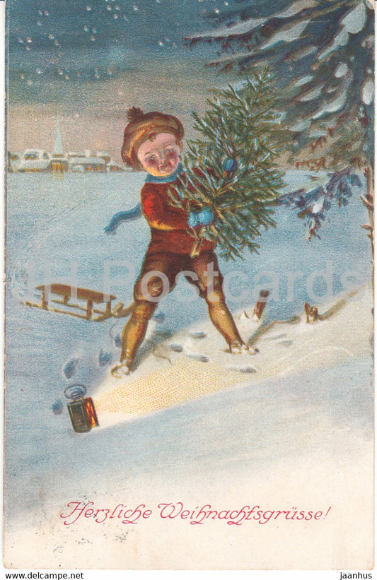 Christmas Greeting Card - Herzliche Weihnachtsgrusse - boy - tree - sledge 1914/1 - old postcard - 1922 - Germany - used - JH Postcards