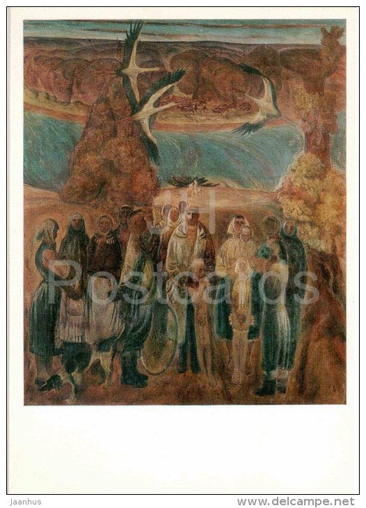 painting by G. Vashchenko - My Polesye , 1971 - village people - stork - russian art - unused - JH Postcards