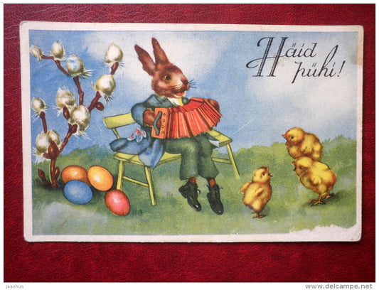 Easter Greeting Card - hare - chiken - eggs - circulated in 1937 - Estonia - used - JH Postcards