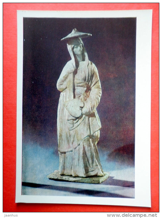terracotta statuette from Tanagra , woman with a fan , 3 century BC - Ancient Greek Art - 1964 - USSR Russia - unused - JH Postcards