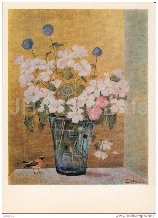 painting by Z. Lagerkrantz - Bouquet with Blue Flowers , 1979 - bird - Russian art - 1984 - Russia USSR - unused - JH Postcards