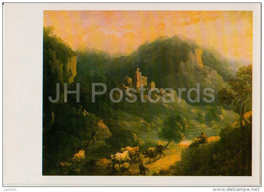 painting by Franciszek Ksawery Lampi - Mountain Landscape with Cows , 1893 - Polish art - Lithuania USSR - 1982 - unused - JH Postcards