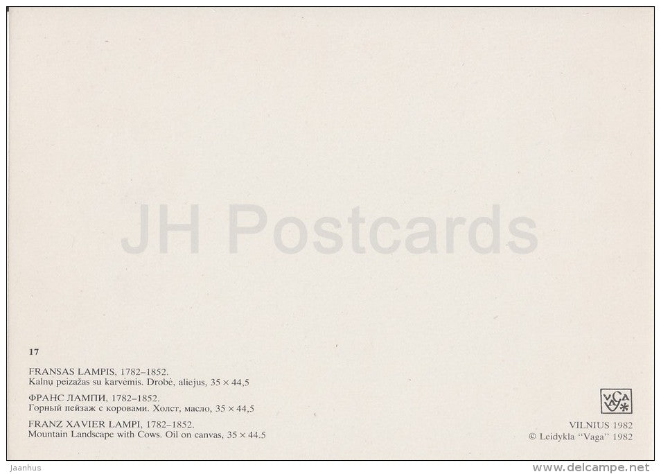 painting by Franciszek Ksawery Lampi - Mountain Landscape with Cows , 1893 - Polish art - Lithuania USSR - 1982 - unused - JH Postcards