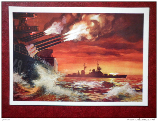 The cruiser Mikhail Kutuzov at the artillery firing practice - by A. Babanovskiy - warship - 1973 - Russia USSR - unused - JH Postcards