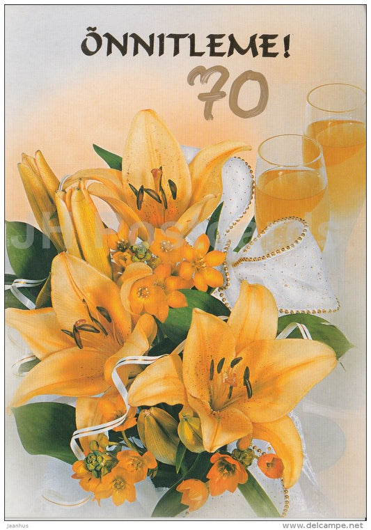 Birthday greeting card - flowers - lily - Estonia - used in 1995 - JH Postcards