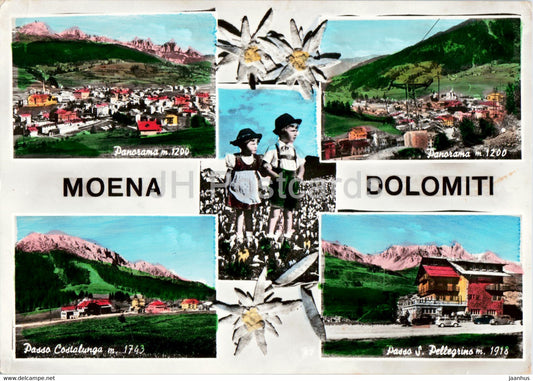Moena - Dolomiti - panorama - Passo Costalunga - Passo S Pellegrini - folk costumes - 1969 - Italy - used - JH Postcards
