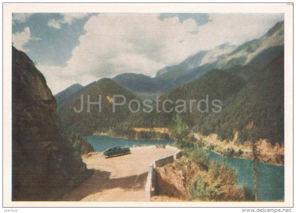 The Black Sea coast of the Caucasus - car Pobeda - Lake Ritsa - Abkhazia - Caucasus - 1955 - Georgia USSR - unused - JH Postcards