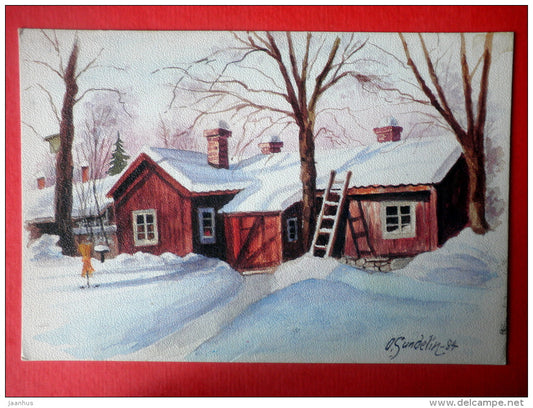 Christmas Greeting Card by O. Sundelin - house in winter - literature - Finland - sent from Finland to Estonia USSR 1985 - JH Postcards