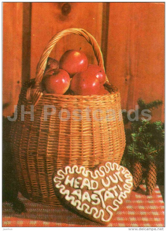 New Year greeting card - 1 - basket with apples - gingerbread - fir cones - 1976 - Estonia USSR - used - JH Postcards
