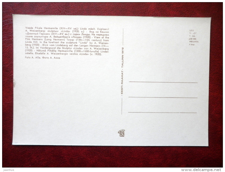 Pikk Hermann tower  - sculpture Linda by Weizenberg - Old Town - Tallinn - 1972 - Estonia USSR - unused - JH Postcards