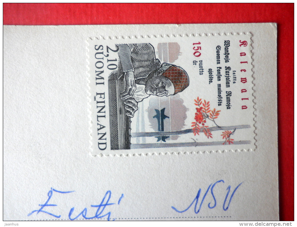 Christmas Greeting Card by O. Sundelin - house in winter - literature - Finland - sent from Finland to Estonia USSR 1985 - JH Postcards