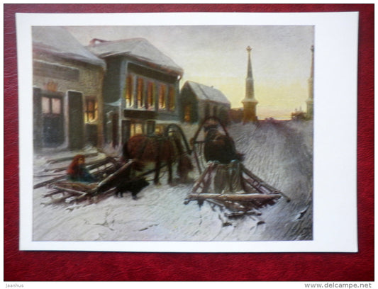 painting by V. Perov ,  Last Tavern at Town Gate 1868 - horses - russian art - unused - JH Postcards