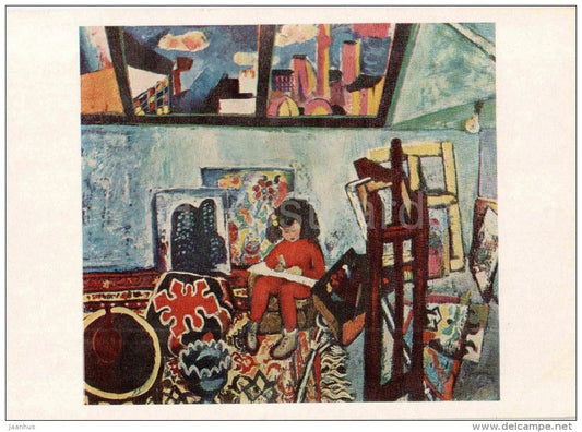 Painting by Torgul Narimanbekov - In the Studio , 1970 - girl - azerbaijan art - unused - JH Postcards