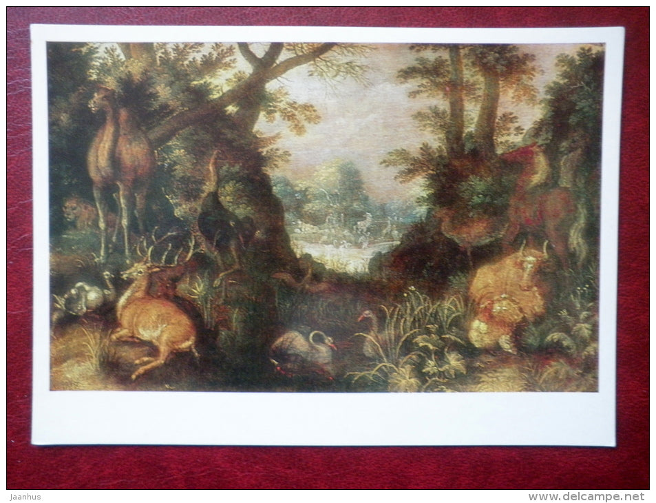 painting by Roelant Savery , Paradise - camel - swan - horse - dutch art - unused - JH Postcards