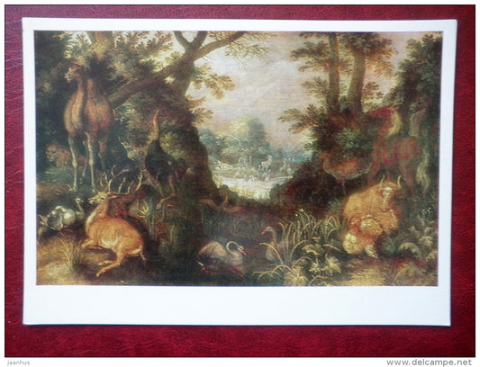 painting by Roelant Savery , Paradise - camel - swan - horse - dutch art - unused - JH Postcards