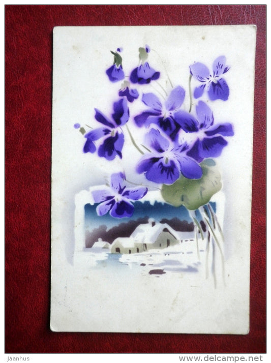 blue flowers - house - MBN - circulated in Estonia 1930s , Viljandi - used - JH Postcards