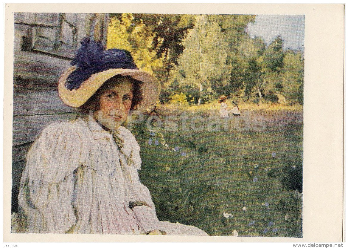 painting by V. Serov - 1 - In the Summer (Artist´s Wife) , 1895 - hat - Russian art - 1961 - Russia USSR - unused - JH Postcards