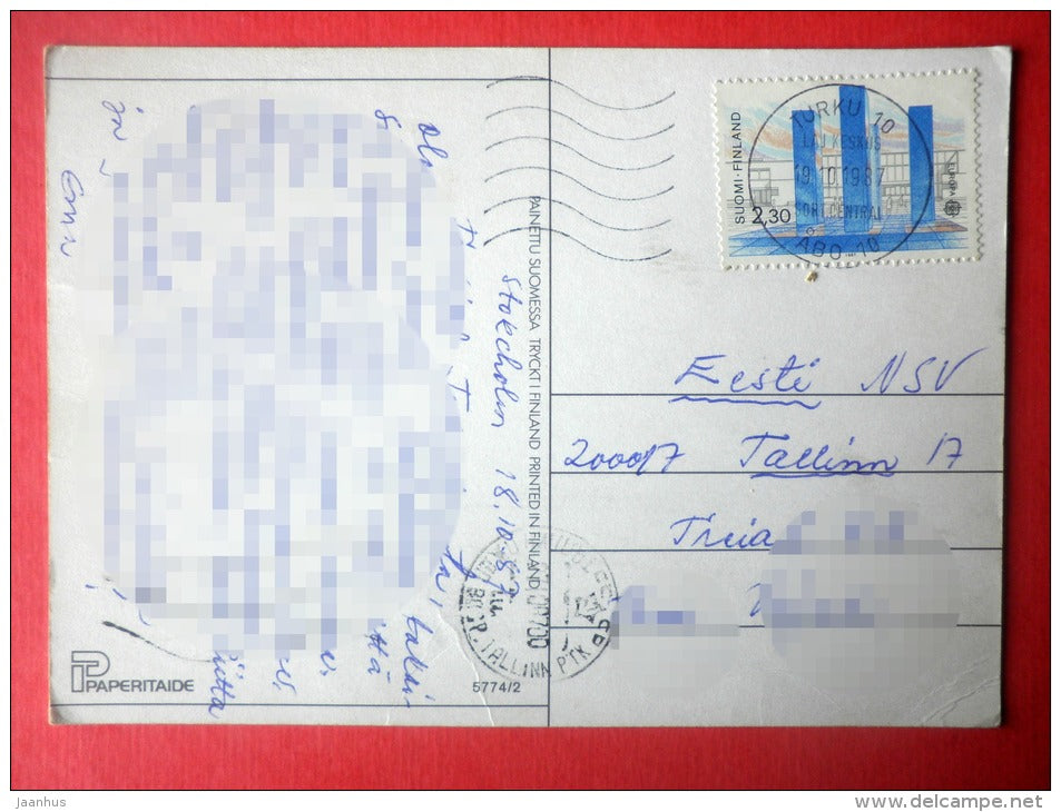 illustration - hare - carrot - cake - 5774/2 - Finland - sent from Finland Turku to Estonia USSR 1987 - JH Postcards